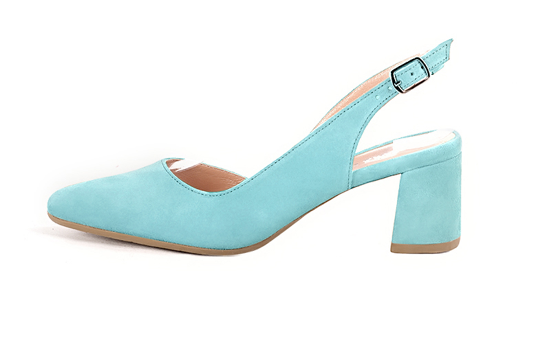 Aquamarine blue women's slingback shoes. Round toe. Medium flare heels. Profile view - Florence KOOIJMAN